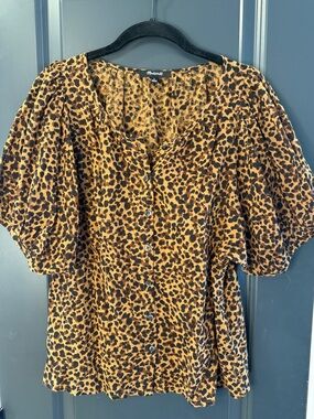 Madewell Leopard Puff Sleeve Button-Front Blouse - Brown/Black
